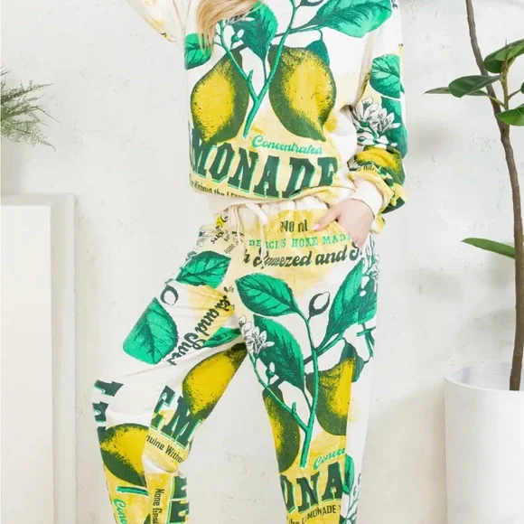 V3. ❤️NEW Retro Vintage Lemon Print Sweatshirt Jogger Set 100% Cotton Flour Sack - Picture 3 of 7